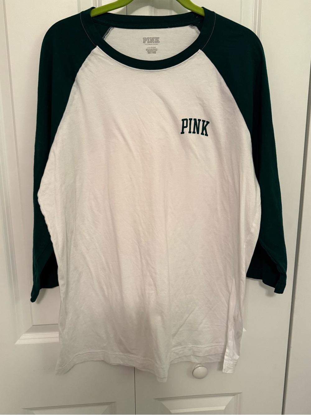 VS PINK Raglan Baseball Tee — White with Dark Green Sleeves Tunic length